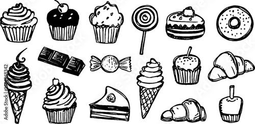 Hand drawn decorative cupcakes and sweets collection for design and decoration