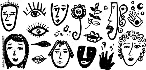 Collection of hand drawn decorative faces and surreal elements in cubist style for artistic design