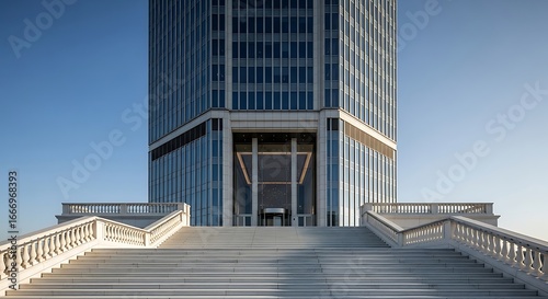 A grand stone staircase leads up to the imposing entrance of a modern glass and steel skyscraper.