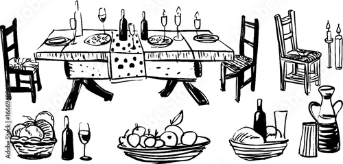 Hand drawn decorative dining tables and accessories collection for design