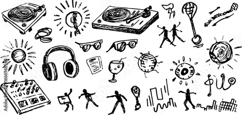 Hand drawn dj turntables and music elements collection for creative designs