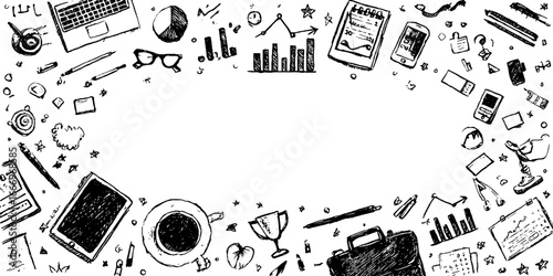 Hand drawn decorative document borders with assorted office and technology elements