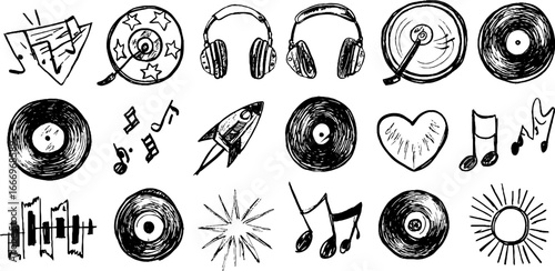 Hand drawn decorative dj turntables and music elements set for creative design