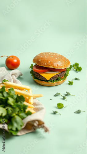 A fresh delicious burger on an isolated mint-colored background