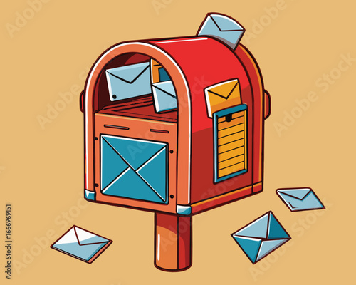 Vector art of red mailbox filled with letters and envelopes, a classic postal collection point for receiving and sending mail