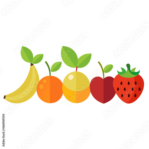Fresh, vibrant fruit arrangement: Banana, orange, lemon, apple, and strawberry, perfect for healthy eating, food blogs, and colorful designs, creating a delightful visual appeal.