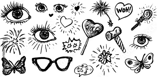 Whimsical hand drawn eyes with hearts and decorative elements for creative designs