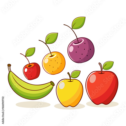 Fresh, vibrant assortment of colorful cartoon fruits, perfect for healthy eating, food blogs, children's books, and educational materials, ideal for illustrating nutrition and wellness