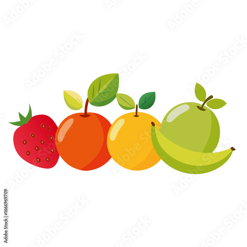 Fresh vibrant fruits arranged: strawberry, orange, banana, and apple, perfect for healthy eating, food blogs, recipe design, and promoting wellness in commercial projects