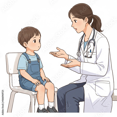 Pediatrician Doctor Explaining Medical Checkup to Little Boy Patient in Clinic