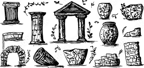 Set of hand drawn decorative fallen columns and architectural elements for design