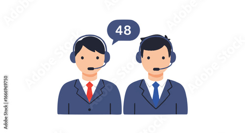 Two customer service agents with headsets and speech bubble.