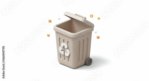 Recycle bin with open lid and recycling symbol on a white background.