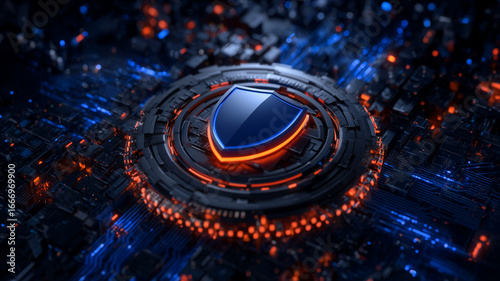 Shield emblem over microchips conveys advanced cyber defense and system resilience, representing secure networks threat prevention and trustworthy digital operations.

