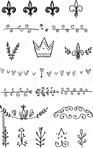Hand drawn decorative fleur de lis and baroque elements collection for design