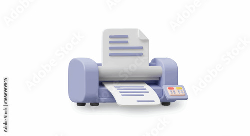 3D rendering of a printer with paper, isolated on a white background.