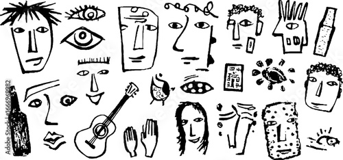 Collection of hand drawn fragmented faces and abstract decorative elements