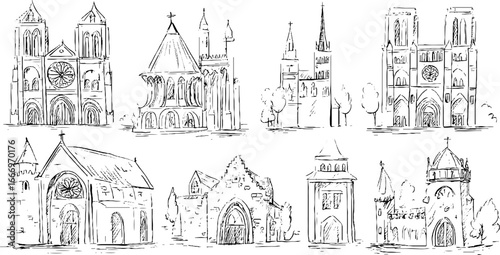 Hand drawn gothic cathedrals collection for architectural design and decoration