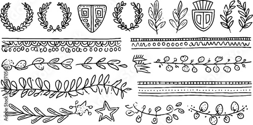 Set of hand drawn decorative greek meander borders featuring laurel wreaths and shields for design projects