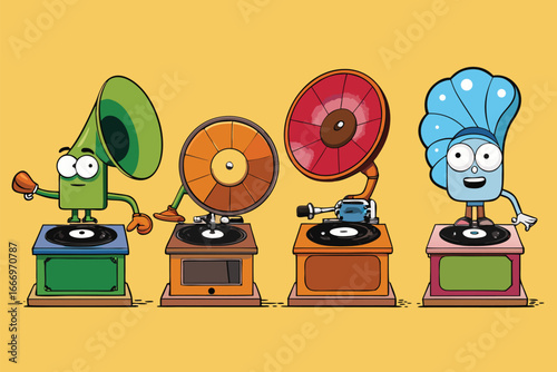 Vector art of four anthropomorphic vintage gramophones dancing and singing, retro music players illustration for kids