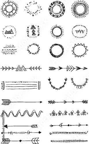Hand drawn inca sun symbols with decorative arrow designs for artistic projects
