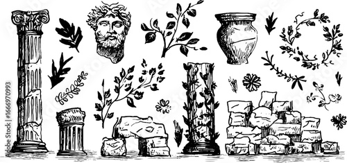 Intricate hand drawn ivy covered columns and decorative elements for design