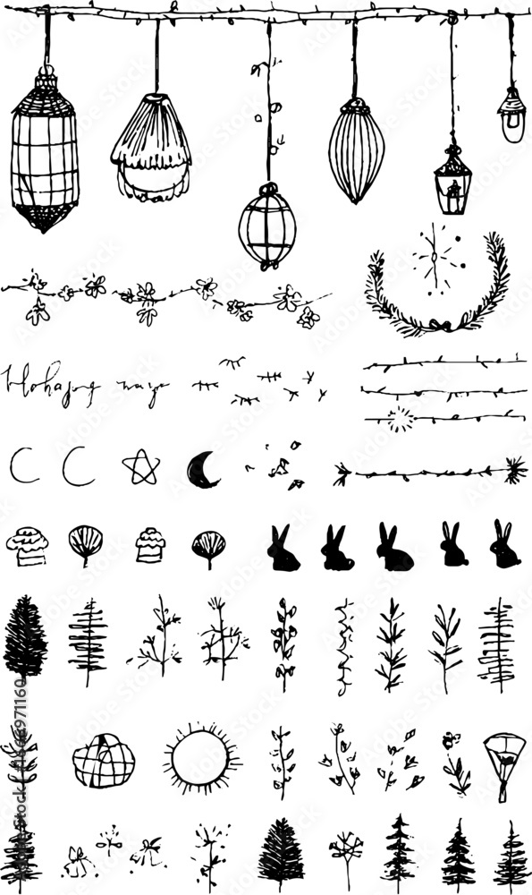 Fototapeta premium Set of hand drawn decorative lanterns and cherry blossoms for creative design