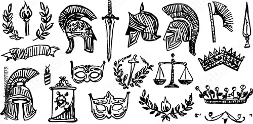 Hand drawn decorative laurel crowns and roman helms collection for design