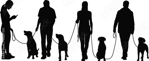 Silhouettes of people walking dogs, leash training pets, dog owners outdoors, pet companionship, animal care, exercise, canine lovers, obedience walking
