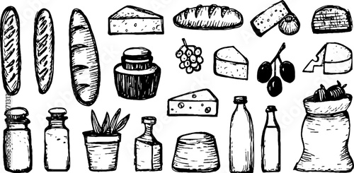 Hand drawn collection of decorative bread, cheese, and condiments for design