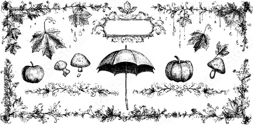 Hand drawn decorative maple leaf and autumn elements border set for creative design