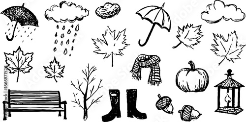 Hand drawn autumn elements collection: maple leaves, umbrella, pumpkin, and more for seasonal designs
