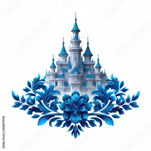 Beautiful fantasy castle illustration featuring whimsical towers enchanting blue architecture fairy tale design and magical scenery in vibrant digital art