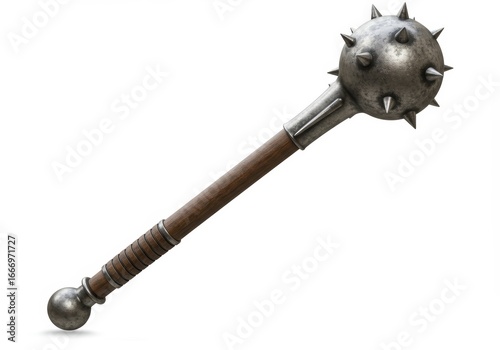 Isolated medieval spiked mace on white backdrop, representation of combat