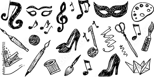 Set of hand drawn decorative musical notes and artistic elements for creative design
