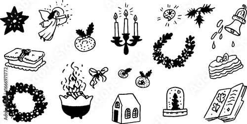 Hand drawn christmas nativity icons set with stars and festive symbols for holiday design