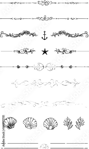 Hand drawn nautical decorative ribbons and elements for artistic projects