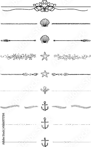 Set of decorative nautical ribbons with anchors and seashells for design projects