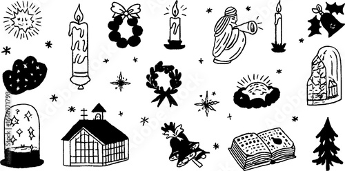 Set of hand drawn decorative nativity stars and holiday symbols for festive design