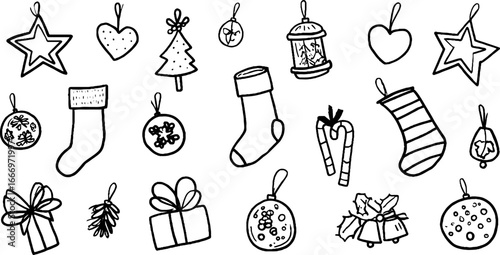Festive hand drawn ornament and bauble collection for holiday decorations