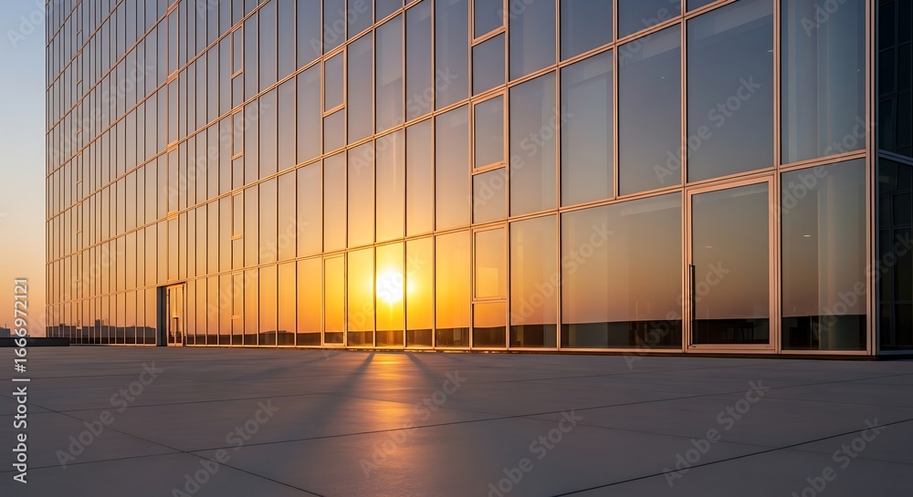 Fototapeta premium A modern glass building reflecting the warm colors of a sunset, creating a stunning visual.
