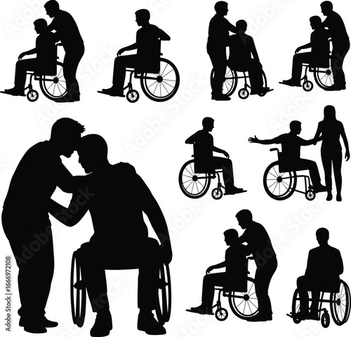 Silhouettes of wheelchair users receiving care, support and compassion, disabled people with caregivers, rehabilitation, medical help, inclusive and emotional aid