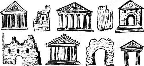 Hand drawn decorative parthenon silhouette collection for artistic designs and architecture themes