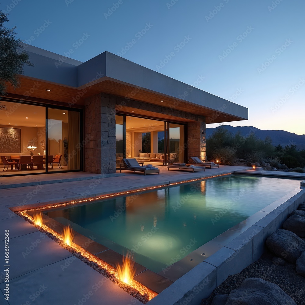 Fototapeta premium Modern desert mansion at night features illuminated swimming pool with lounge chairs, fire accents. Luxury contemporary residence boasts minimalist stone architecture, expansive windows, elegant