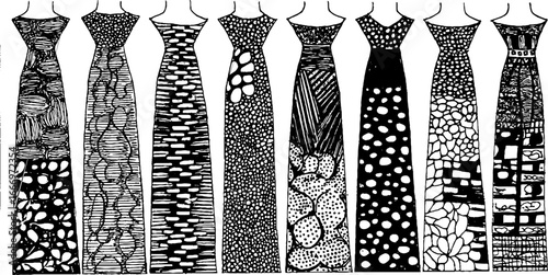 Artistic fashion collection: hand drawn decorative patterned dresses for design inspiration