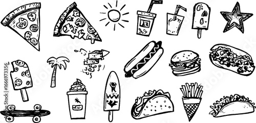 Set of hand drawn decorative fast food items with pizza slices for design