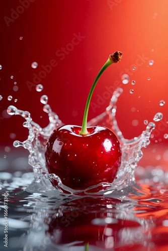Fresh Red Cherry Splash with Water Droplets on Vibrant Background