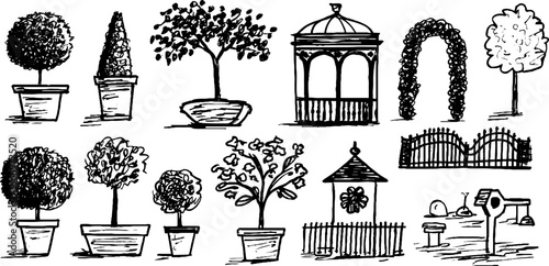 Set of decorative hand drawn potted trees and garden features for design