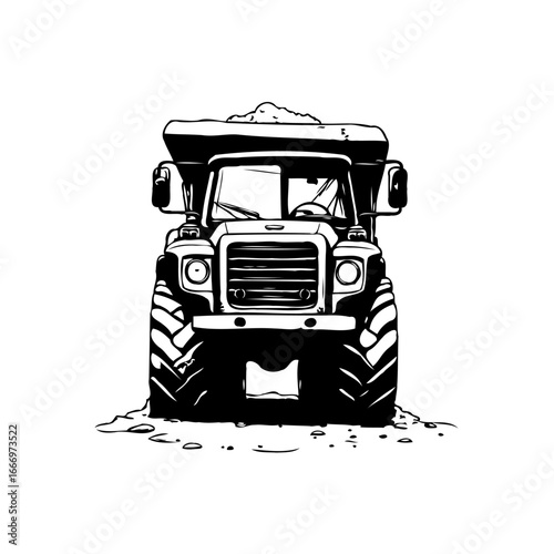 Powerful isolated black and white dump truck drawing illustration conveying strength heavy lifting