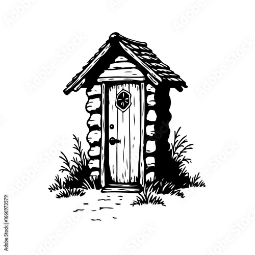 Quaint rustic outhouse with wooden door and thatched roof among grassy tufts hand drawn style